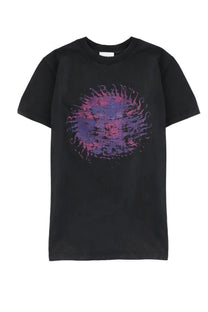 Black short-sleeved t-shirt with vibrant purple and pink abstract graphic and saranantic text from isabel marant étoile