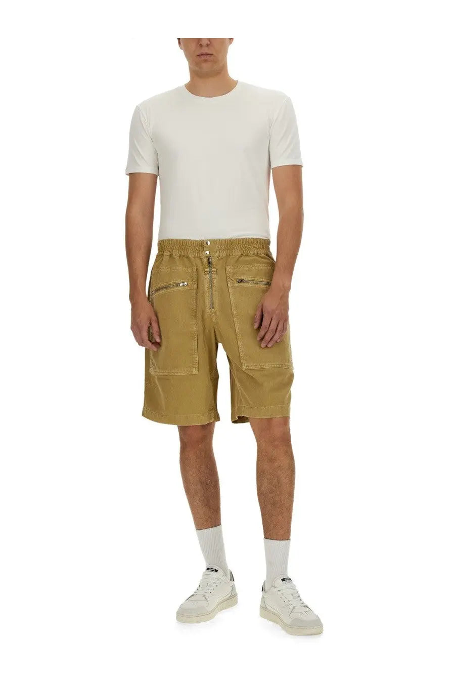 Khaki Isabel Marant men’s bermuda cargo shorts with gold-tone zippers and a drawstring waistband in beige