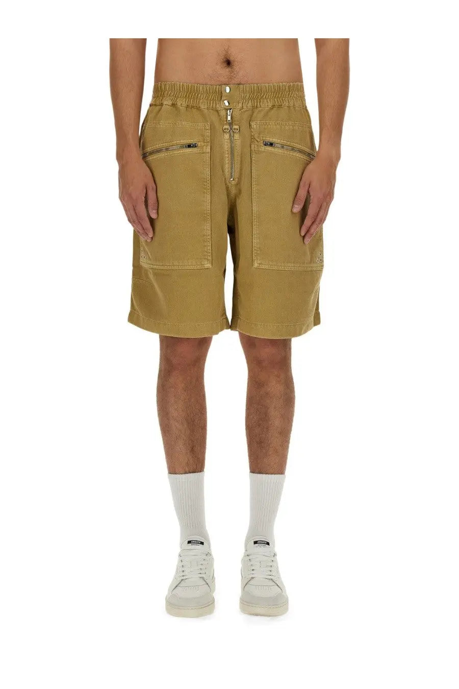Isabel marant men’s bermuda shorts jayah beige khaki cotton with elastic waistband and zippered pockets front view