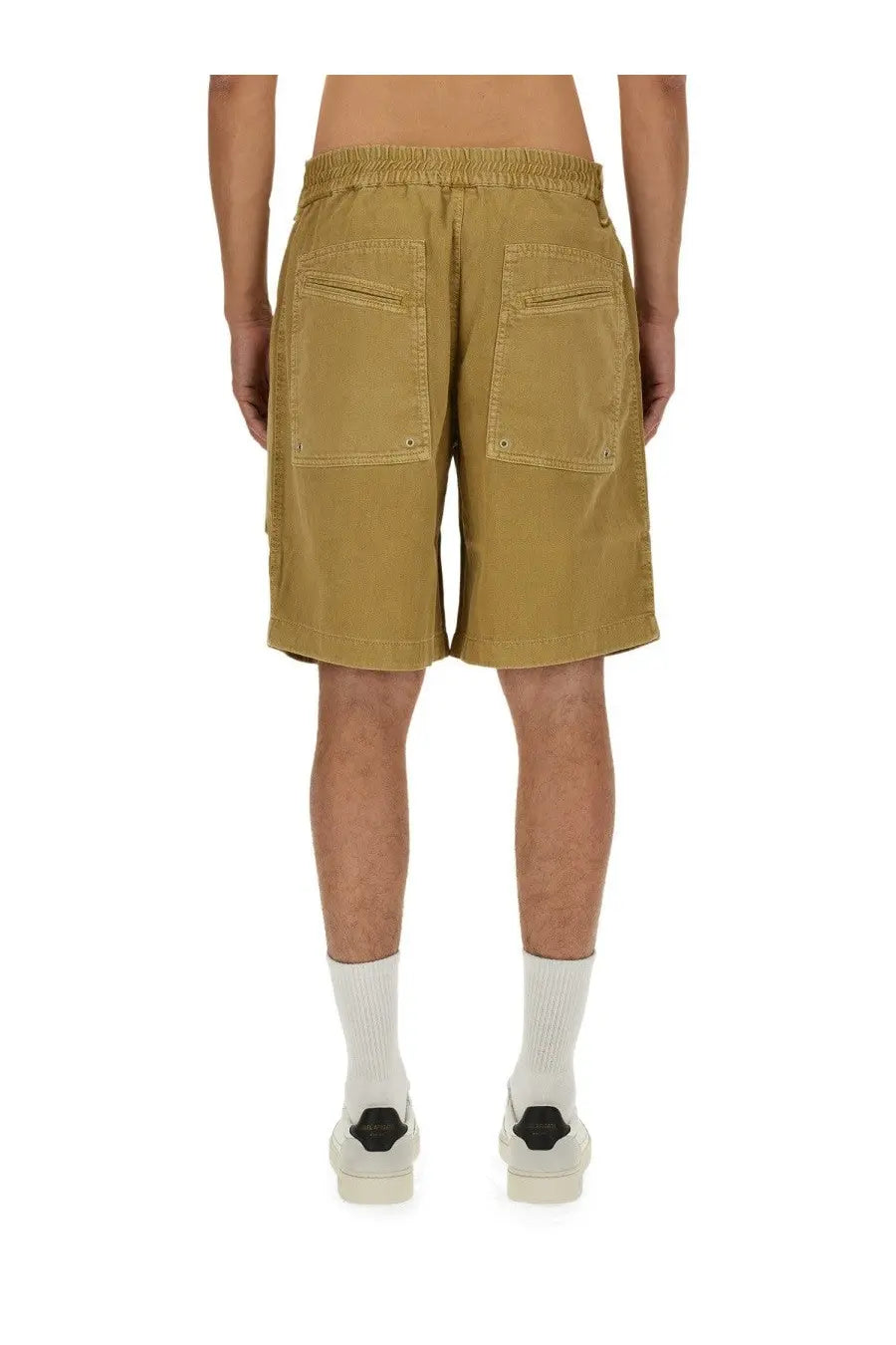 Back view of khaki-colored cotton isabel marant men’s bermuda shorts jayah beige with elastic waistband and two back pockets