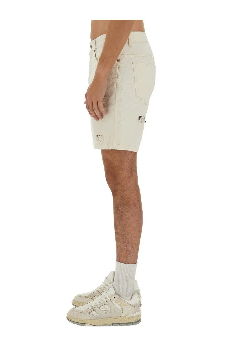 Isabel Marant men’s cream-colored distressed denim bermuda shorts with a subtle brand logo patch on the thigh