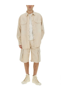 Beige utility-style button-up shirt with two chest pockets and matching cargo shorts from Isabel Marant men’s bermuda tejelo pink collection