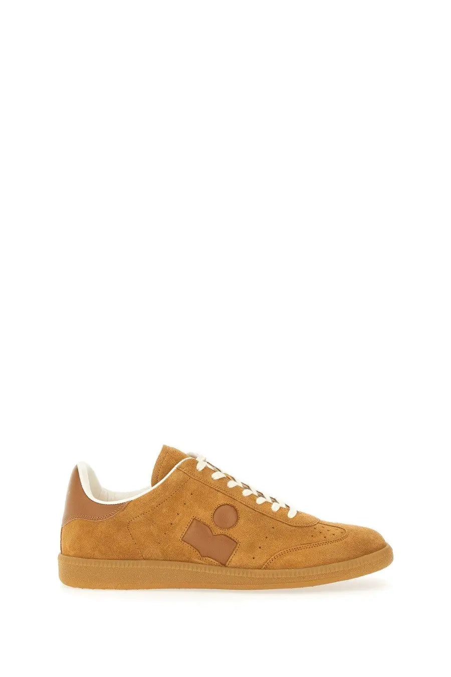 Isabel Marant men’s Brycy low-top sneaker in beige tan suede with a contrasting brown logo patch on the side