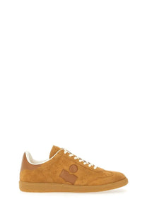 Isabel Marant men’s Brycy low-top sneaker in beige tan suede with a contrasting brown logo patch on the side