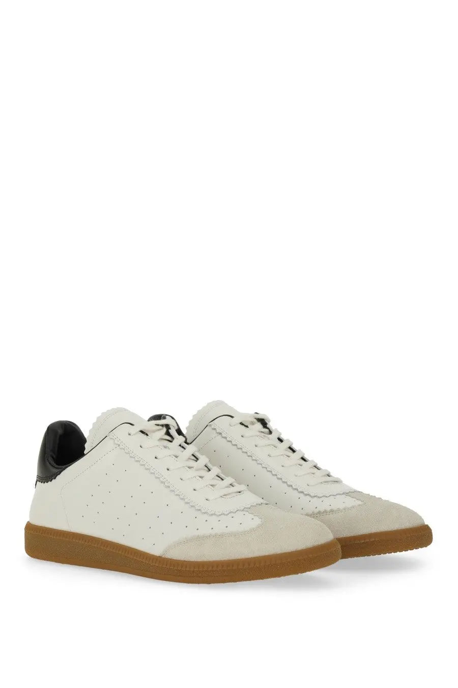 Isabel Marant men’s Brycy sneaker white leather with black heel tabs and tan rubber soles shown from the back side