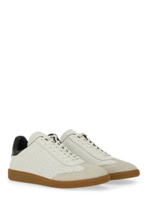 Isabel Marant men’s Brycy sneaker white leather with black heel tabs and tan rubber soles shown from the back side
