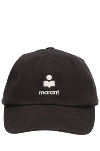 Black cotton baseball cap with white embroidered logo and brand name by isabel marant for men
