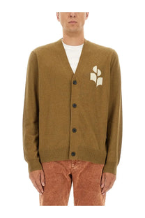 Isabel Marant men’s olive green knitted cardigan with beige abstract plant pattern on the left chest