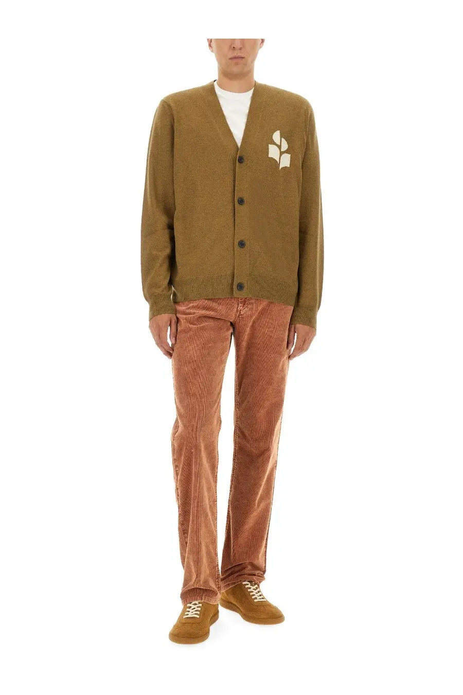 Isabel marant men’s olive green knitted cardigan with cream trefoil logo on the left chest