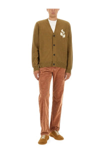 Isabel marant men’s olive green knitted cardigan with cream trefoil logo on the left chest