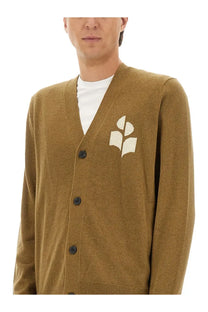 Isabel Marant men’s tan knit cardigan with cream embroidered book and leaf motif and dark front buttons