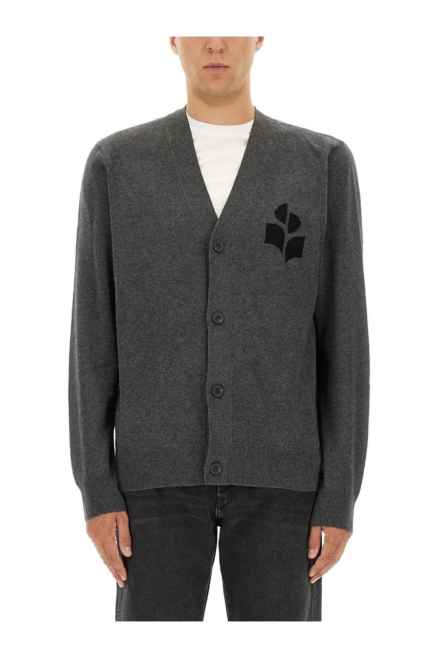 Isabel Marant men’s dark gray knit cardigan with textured fabric and black embroidered leaf logo on left chest