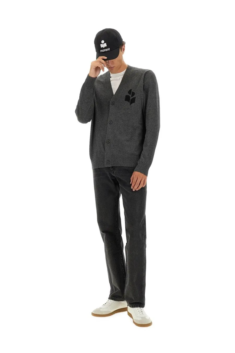 Isabel Marant men’s dark gray textured knit cardigan with black embroidered leaf logo on left chest