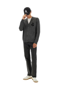 Isabel Marant men’s dark gray textured knit cardigan with black embroidered leaf logo on left chest