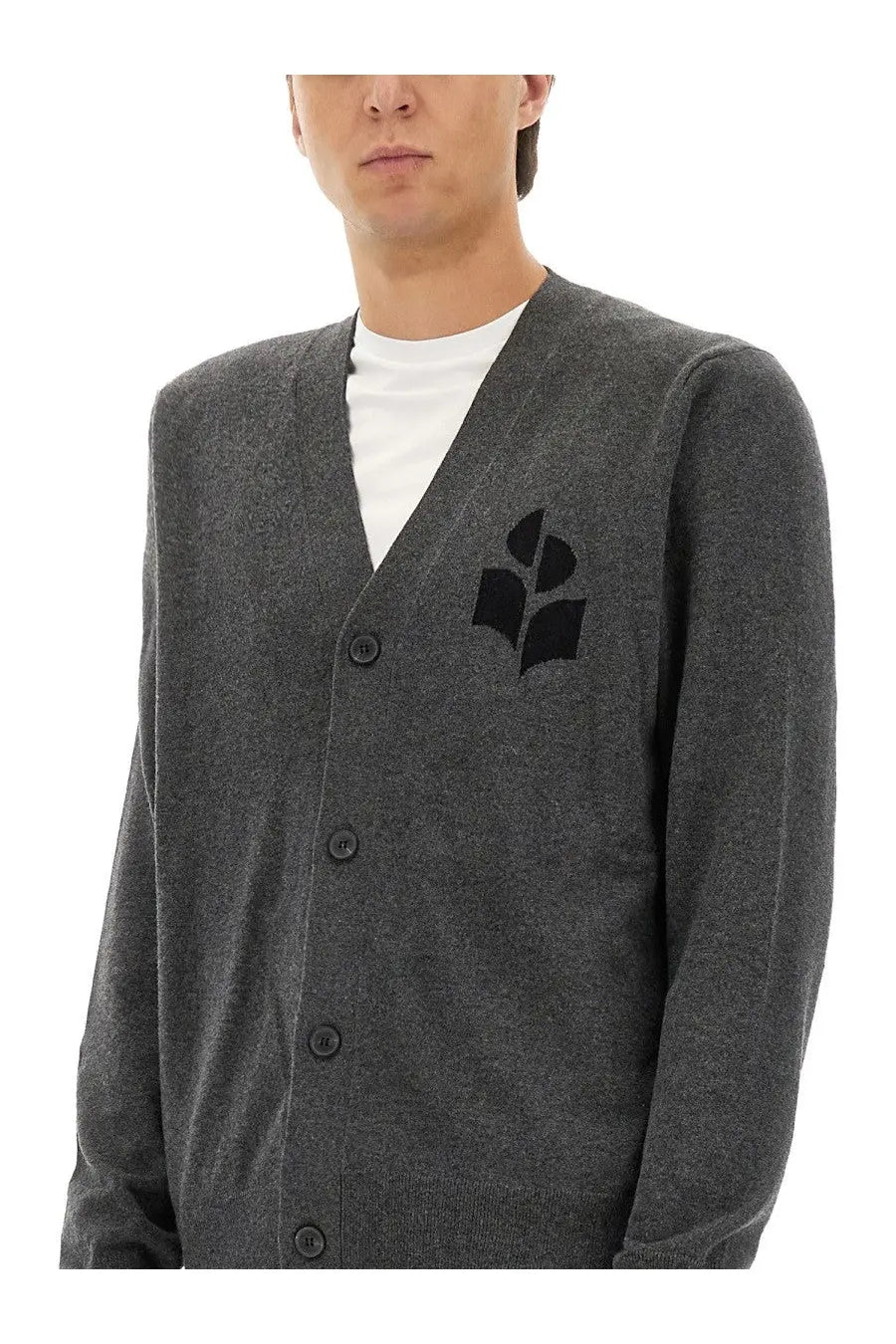 Isabel Marant men’s grey v-neck cardigan with black embroidered leaf logo on left chest made from soft material