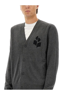 Isabel Marant men’s grey v-neck cardigan with black embroidered leaf logo on left chest made from soft material