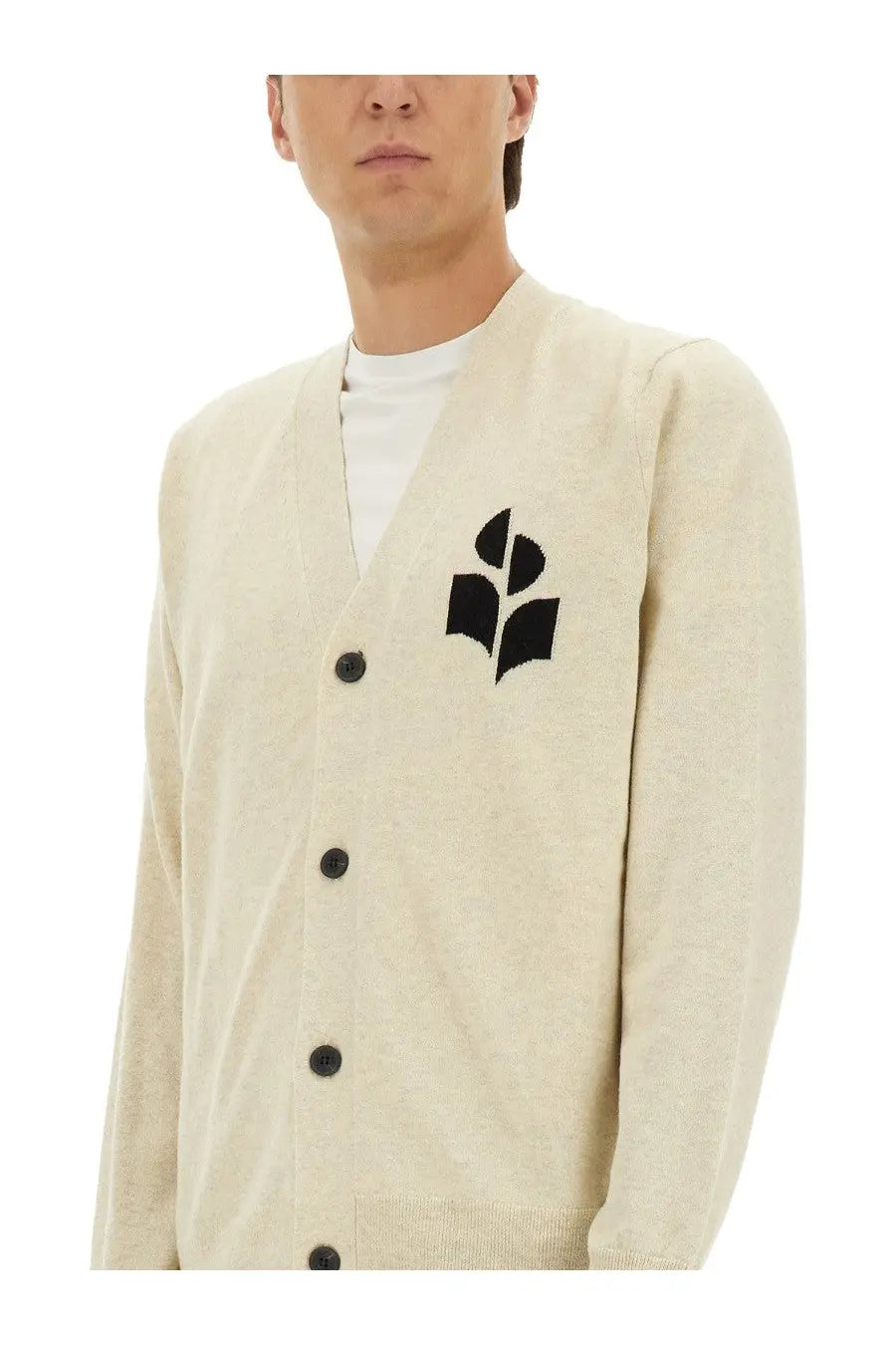 Isabel marant men’s beige knit cardigan with black embroidered leaf logo and dark buttons in white collection