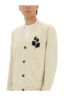 Isabel marant men’s beige knit cardigan with black embroidered leaf logo and dark buttons in white collection