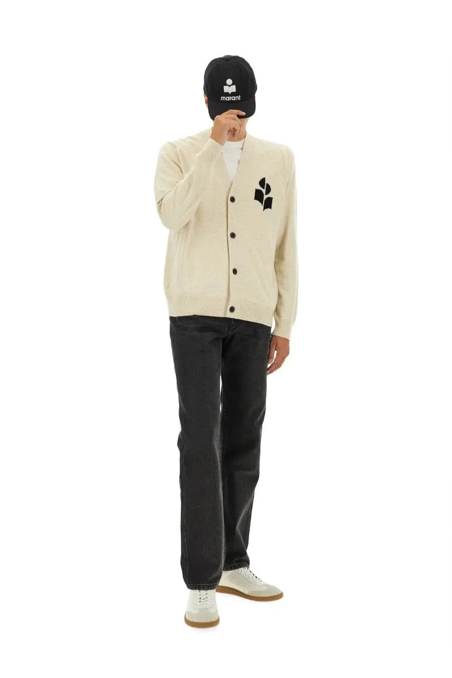 Isabel Marant men’s cream-colored cardigan with black buttons and black leaf logo on the left chest