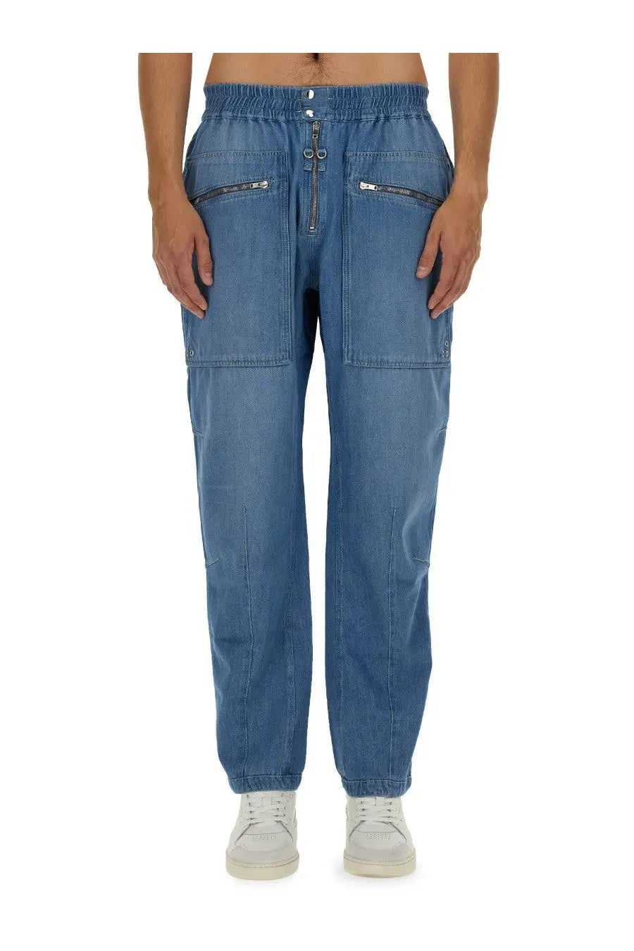 Isabel Marant men’s blue cotton denim jogger pants with elastic waistband and zippered pockets