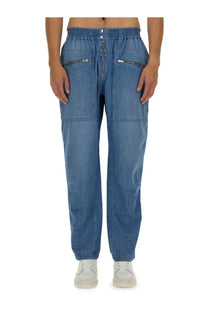 Isabel Marant men’s blue cotton denim jogger pants with elastic waistband and zippered pockets