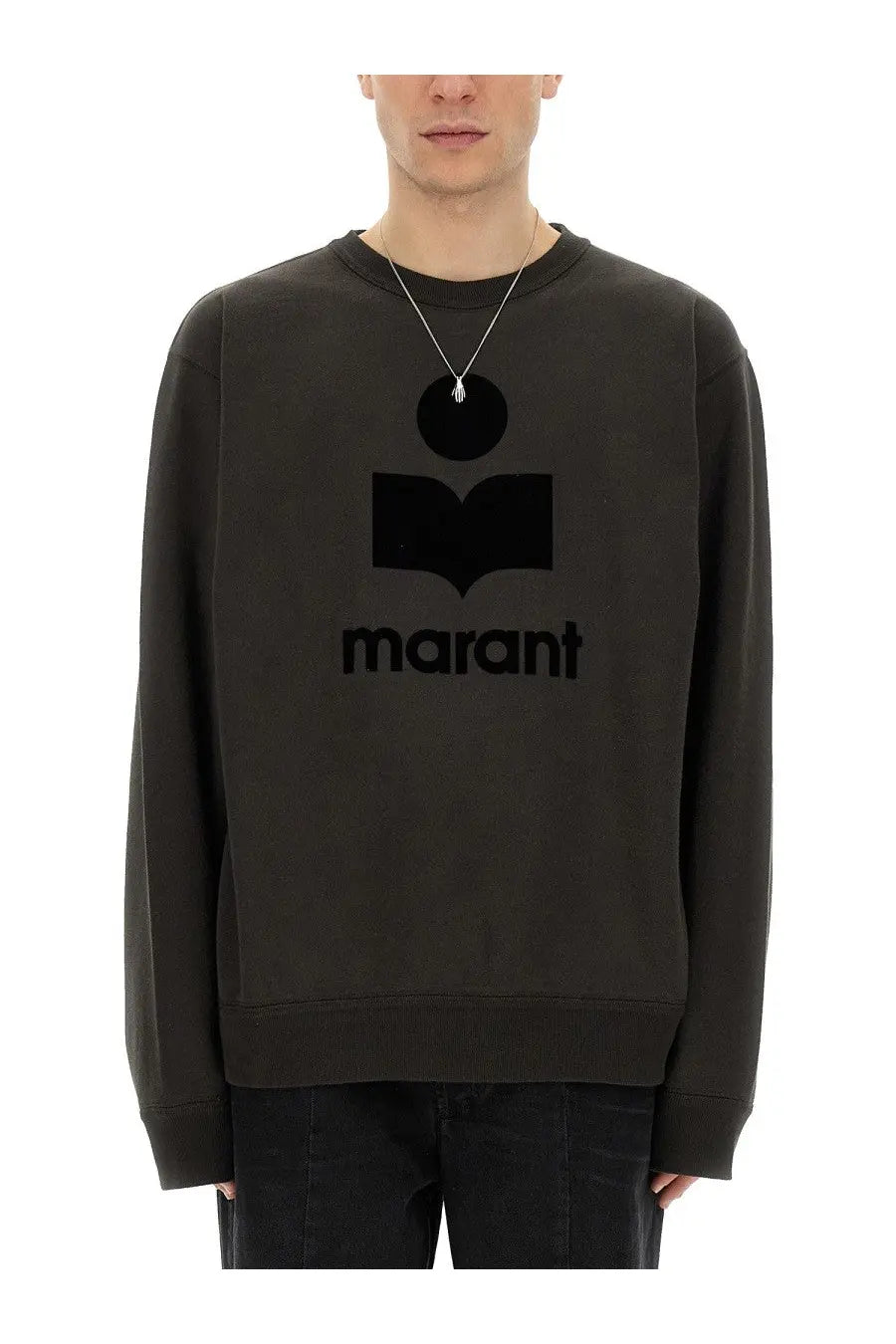 Isabel Marant men’s dark olive green crewneck sweatshirt with bold black embroidered marant logo felpa mikoy black