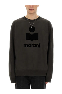 Isabel Marant men’s dark olive green crewneck sweatshirt with bold black embroidered marant logo felpa mikoy black