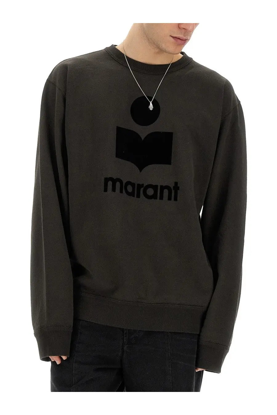 Dark olive green crewneck sweatshirt with bold black embroidered marant logo for men by isabel marant