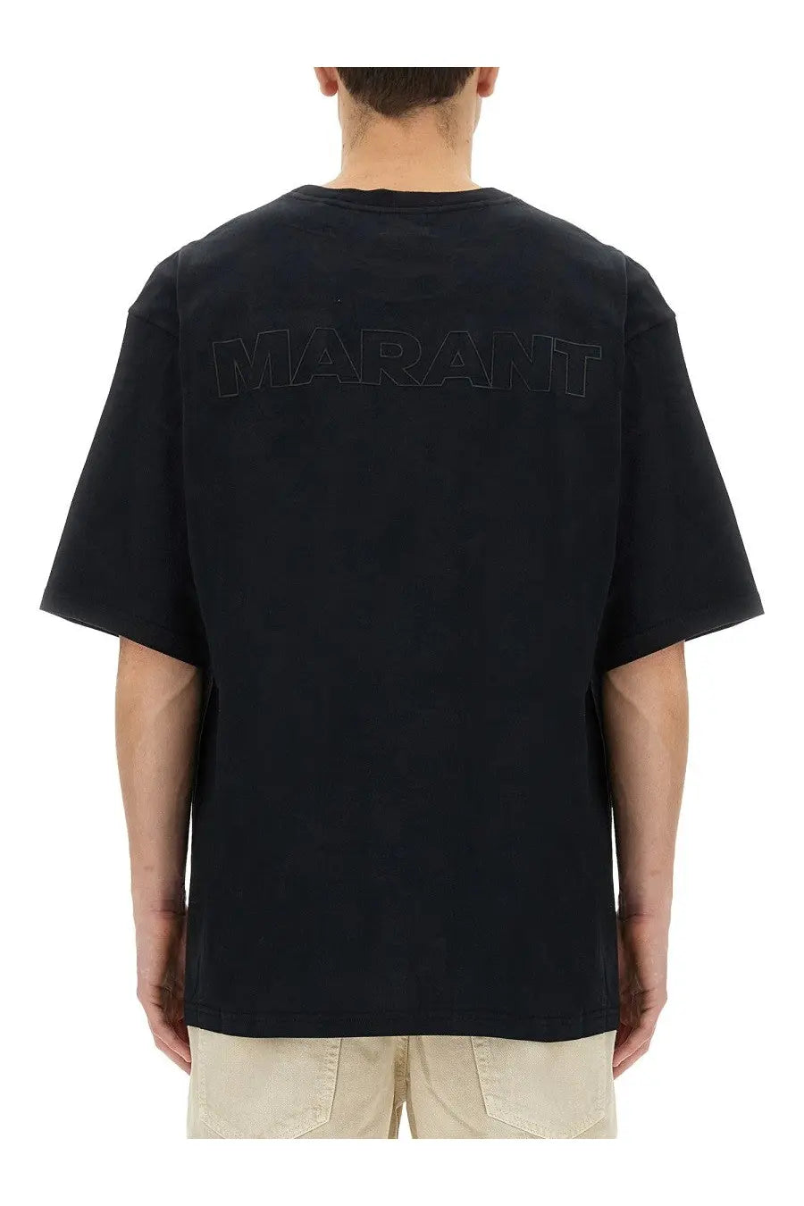 Black oversized isabel marant men’s guizy shirt showing the back with tonal marant logo embroidery