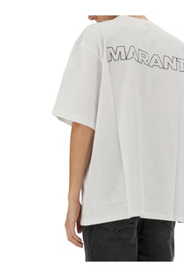Back of Isabel Marant men’s Guizy white oversized t-shirt featuring black outlined marant lettering