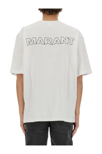 Back of isabel marant men’s white oversized cotton t-shirt with bold black outlined marant lettering across the back