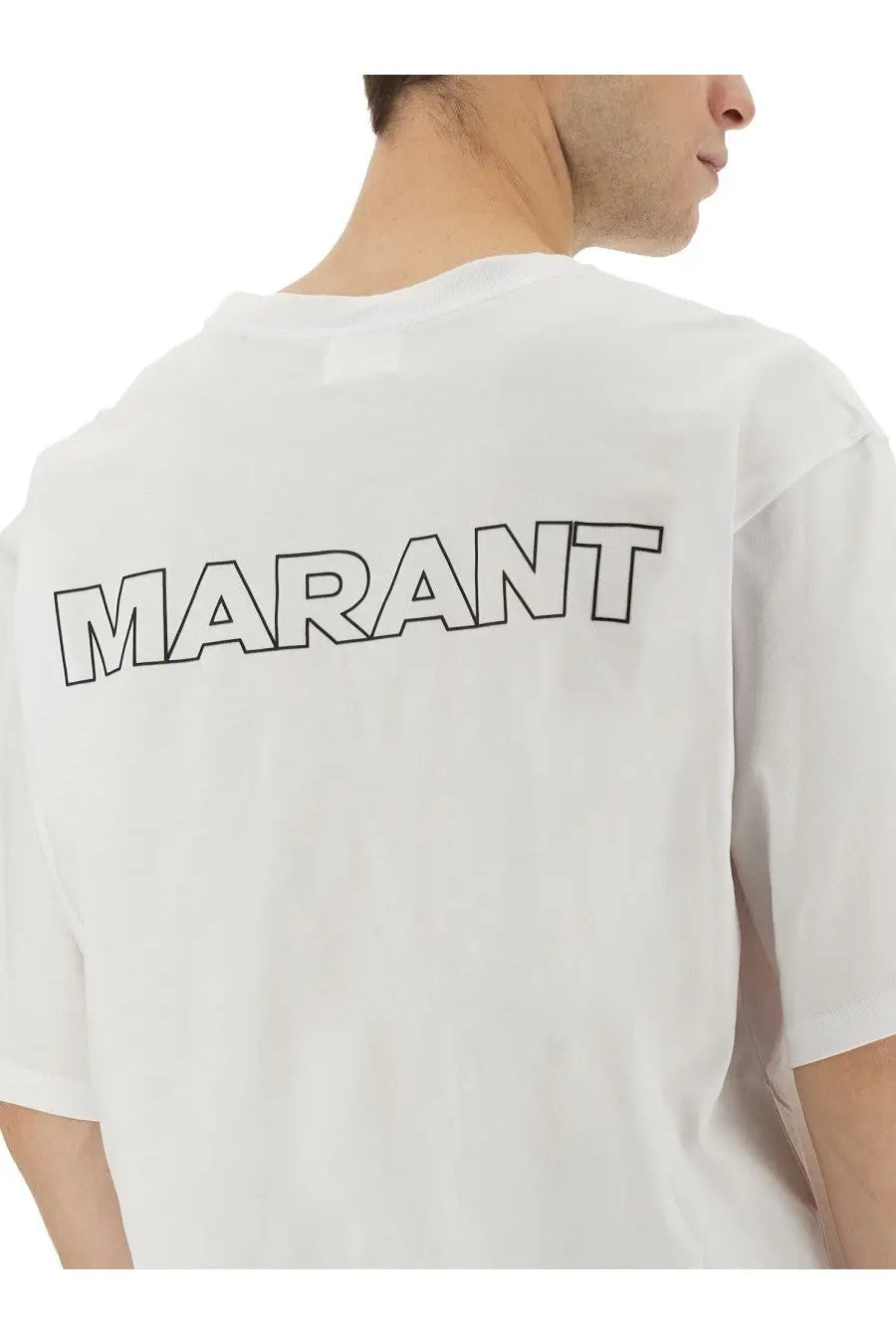 Isabel Marant men’s Guizy white t-shirt showing back with bold black outlined lettering across the cotton fabric