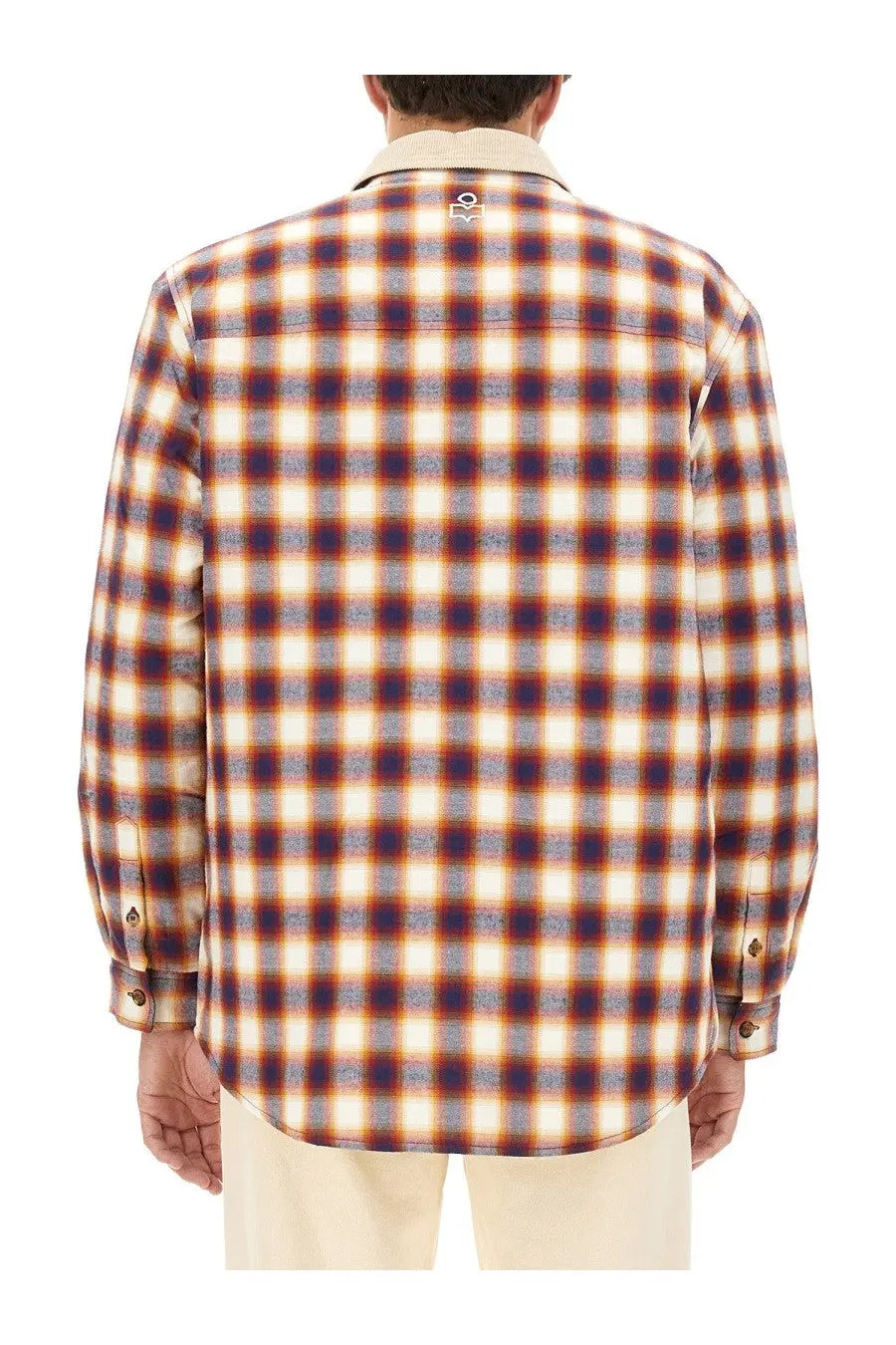 Isabel Marant men’s long-sleeved flannel jacket in warm cream rust orange and navy plaid pattern