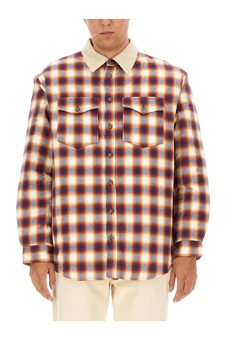Isabel Marant men’s jacket Steeve multicolor long-sleeved flannel shirt with warm plaid rust orange navy cream and buttoned chest pockets