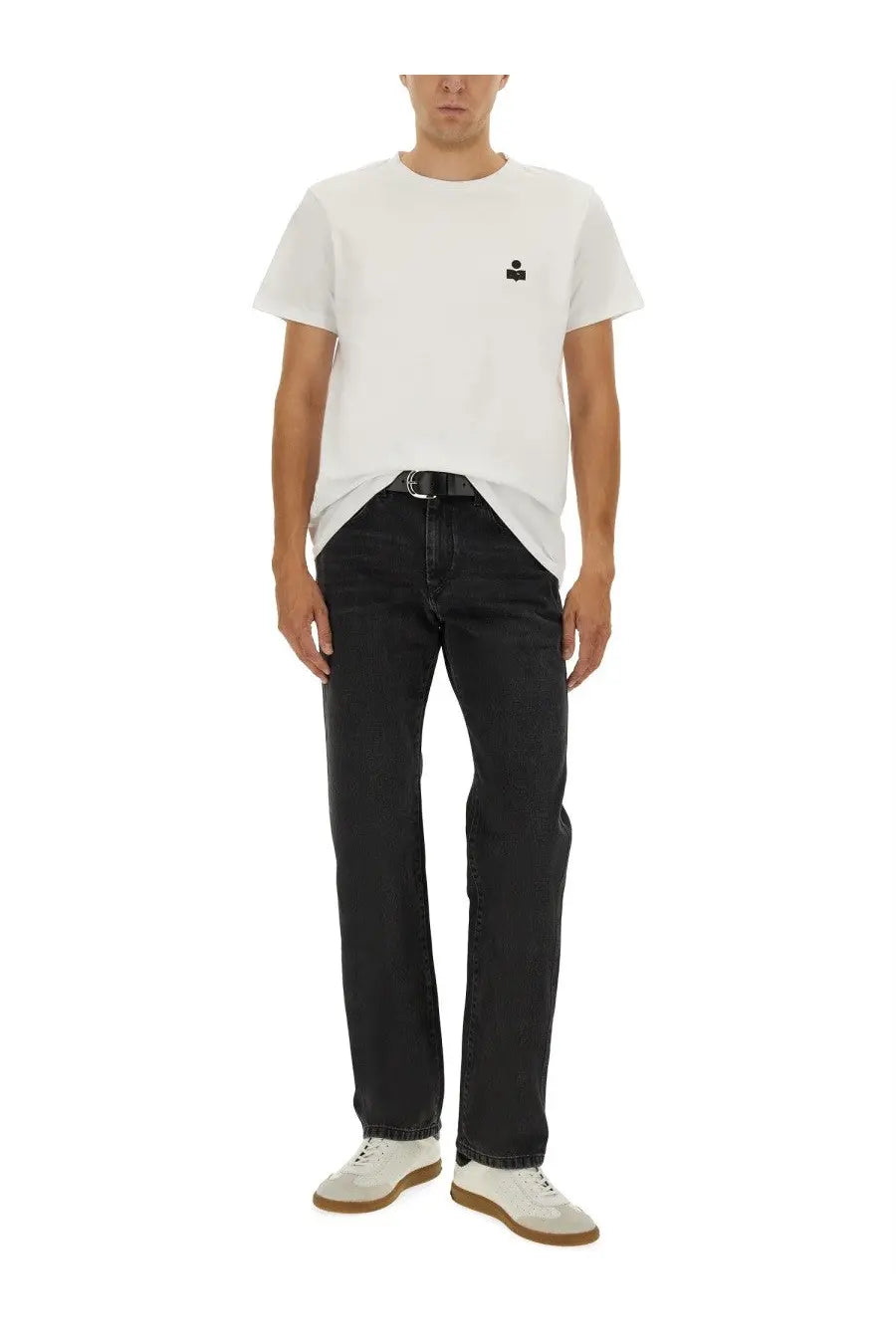 White crew-neck t-shirt with small black embroidered logo on left chest paired with isabel marant men’s jeans lewys black