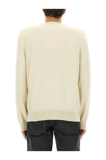 Isabel Marant men’s cream-colored fine-knit jersey sweater with a crew neck and ribbed cuffs in white