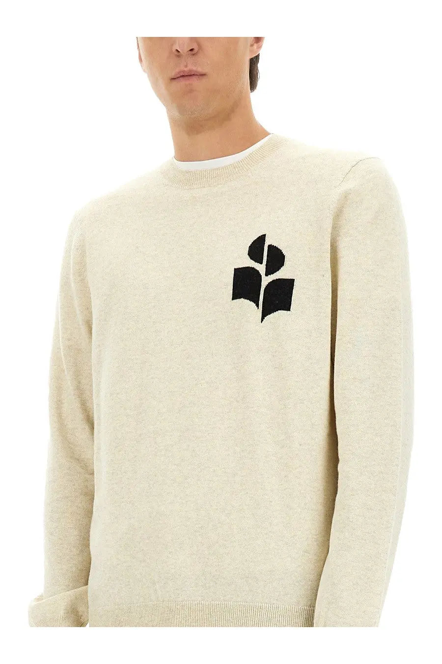 Isabel Marant men’s cream-colored knit sweater with black embroidered logo on chest in jersey white material