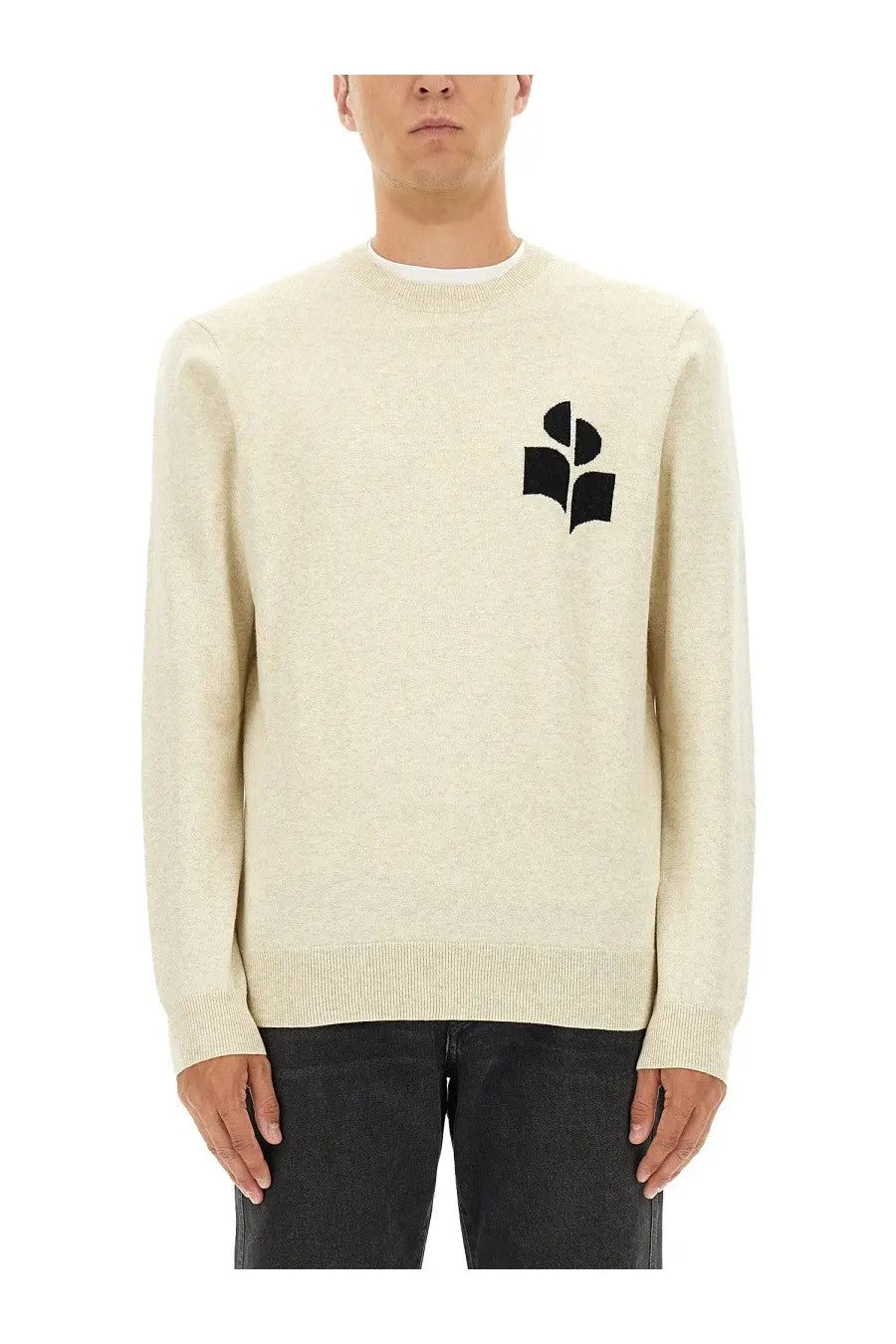 Isabel Marant men’s jersey white cream-colored knit sweater with black abstract logo on the left chest