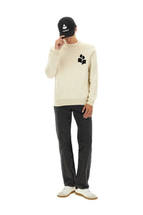 Isabel Marant men’s cream-colored knit sweater with black embroidered leaf logo on chest in jersey white material