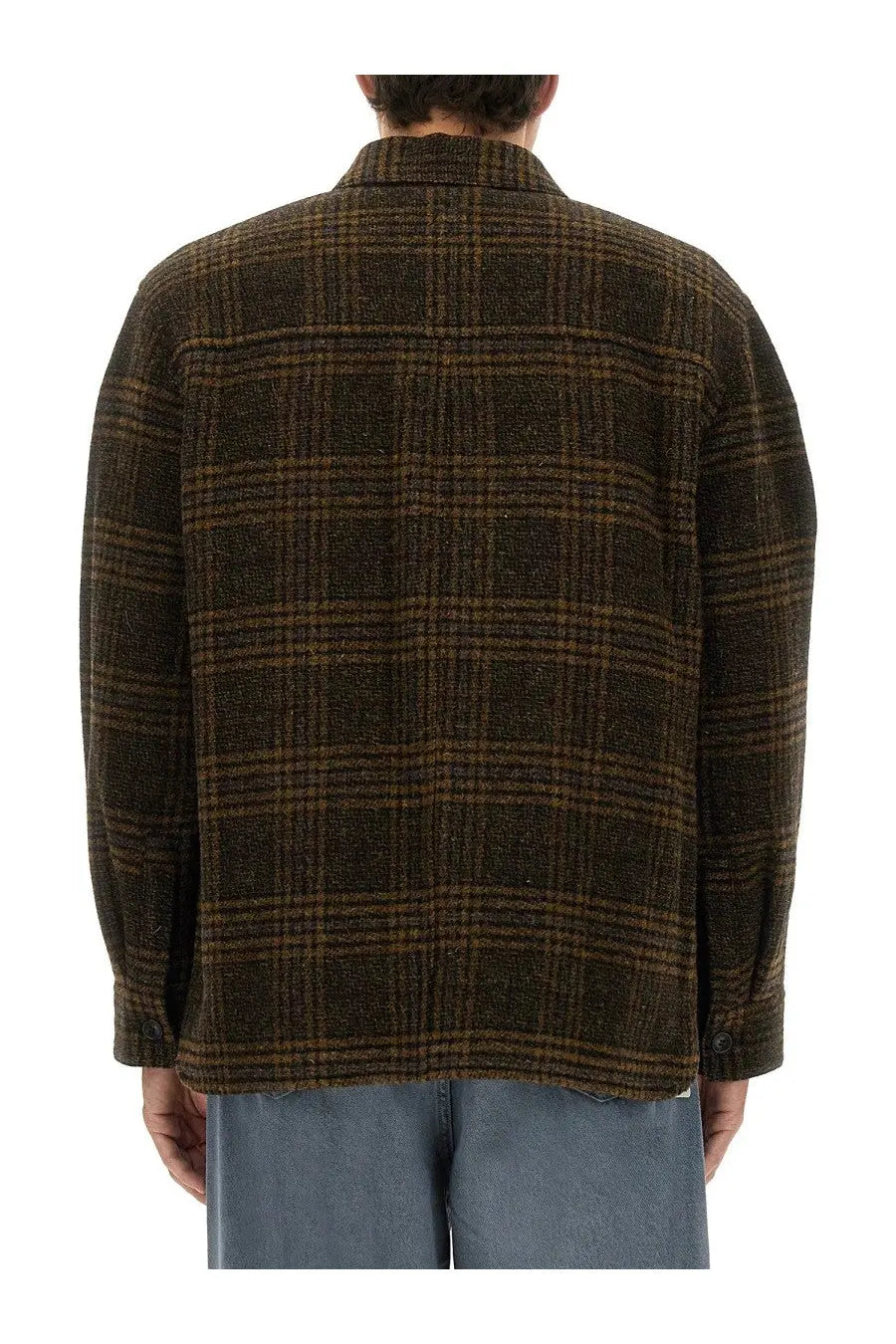 Isabel Marant men’s kervey GB jacket brown featuring a cozy brown and tan plaid flannel textured woven fabric