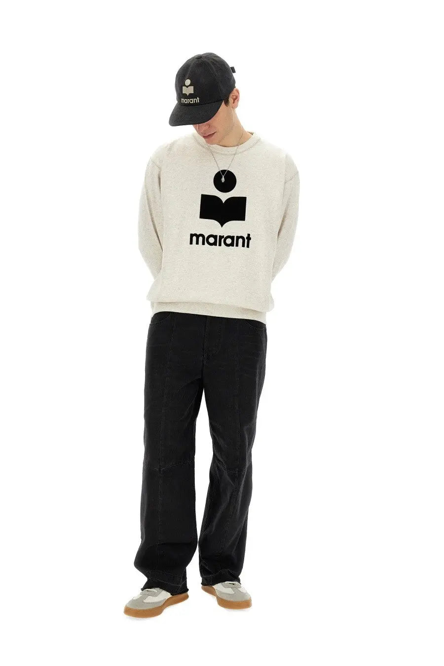 Isabel Marant men’s pink mikoy sweatshirt with off-white fabric and black graphic of open book and brand name below