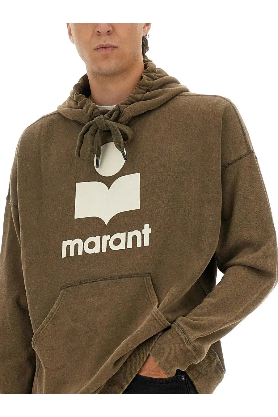 Isabel Marant men’s olive green cotton hoodie with white book logo and marant branding in a Miley sweatshirt style