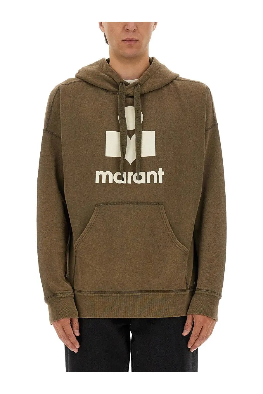 Olive green Isabel Marant men’s marant hoodie with white logo and front pocket in a casual sweatshirt style