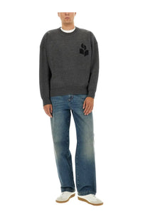 Dark gray textured knit sweater with black embroidered leaf logo on left chest for isabel marant men’s pants jorje blue