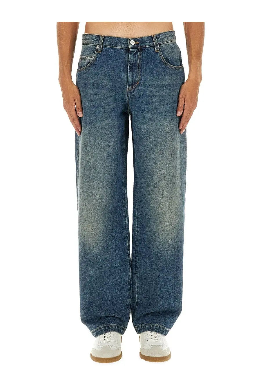 Isabel Marant men’s blue denim jeans with faded wash and wide-leg cut in a casual style