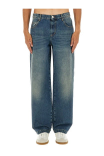 Isabel Marant men’s blue denim jeans with faded wash and wide-leg cut in a casual style