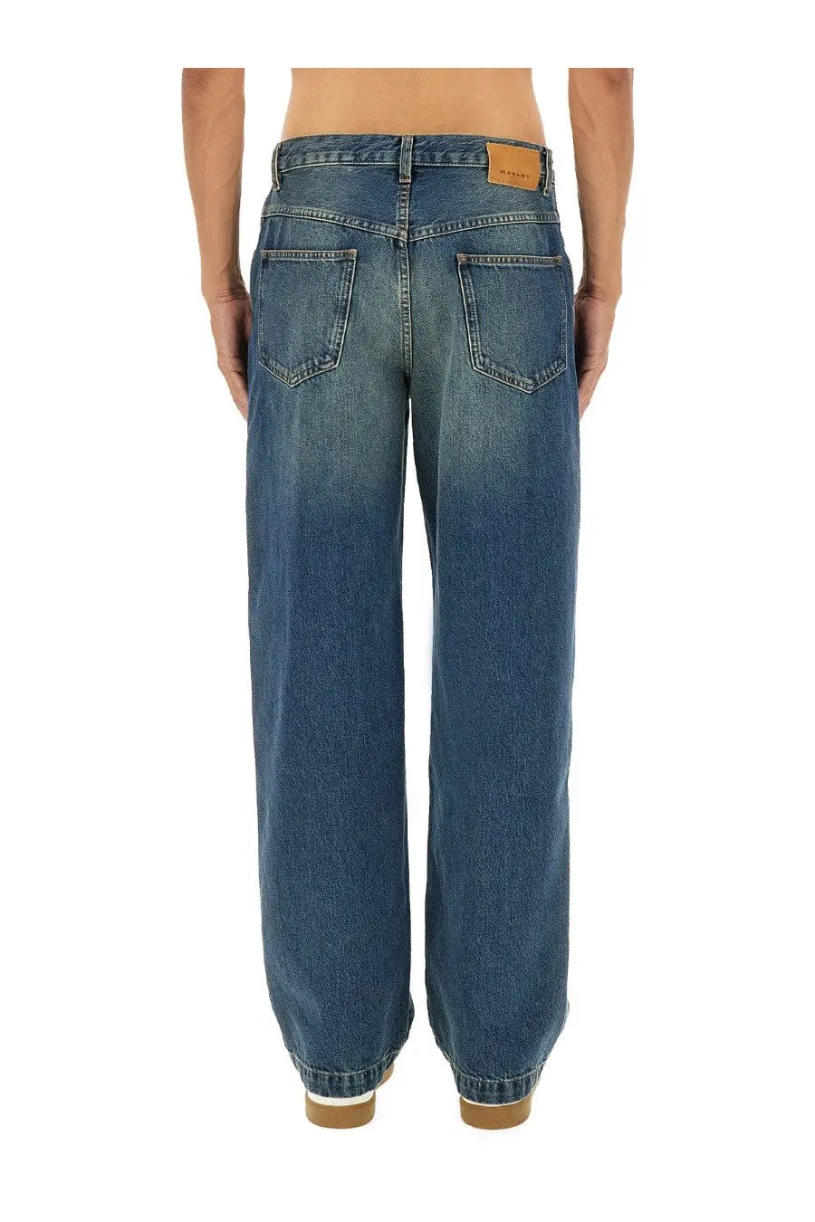 Isabel marant men’s blue denim jeans with relaxed wide-leg cut and classic back pockets shown from the back side