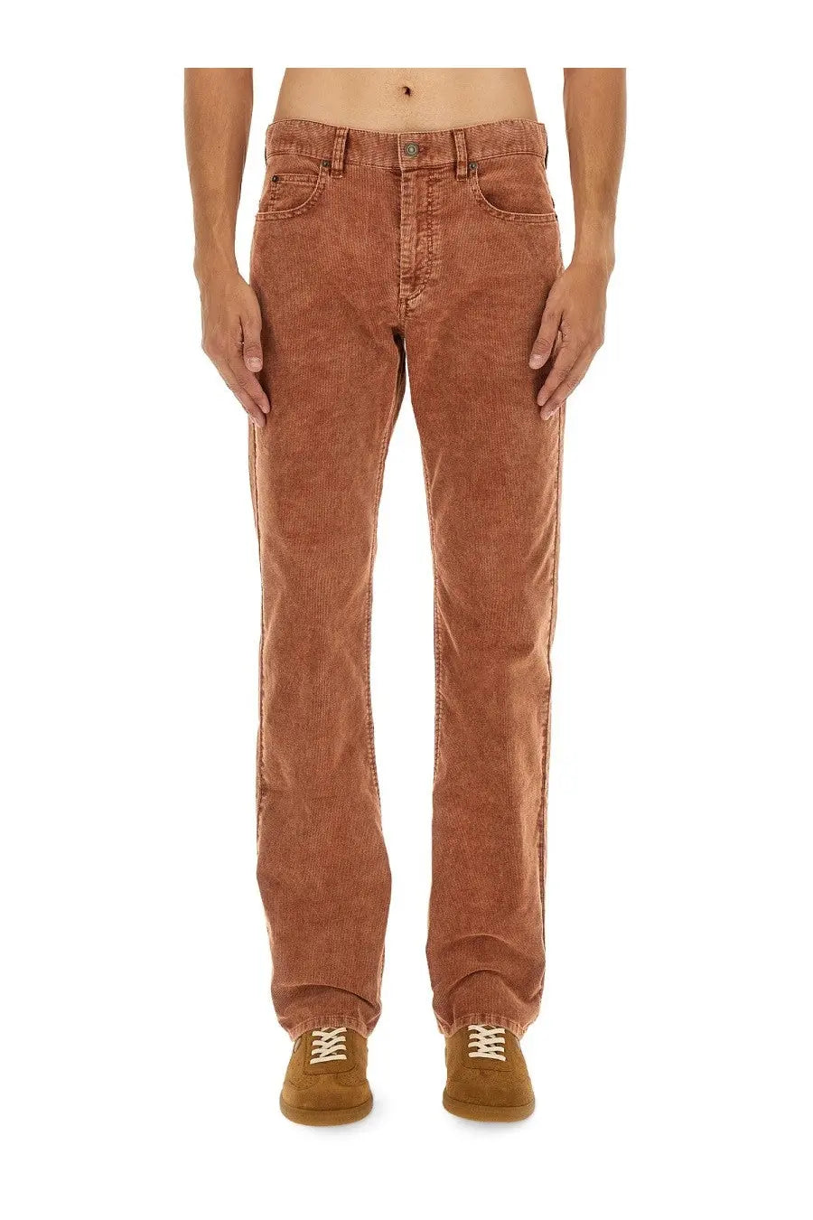 Isabel Marant men’s corduroy trousers in warm rust with vertical ribbed texture and classic five-pocket design
