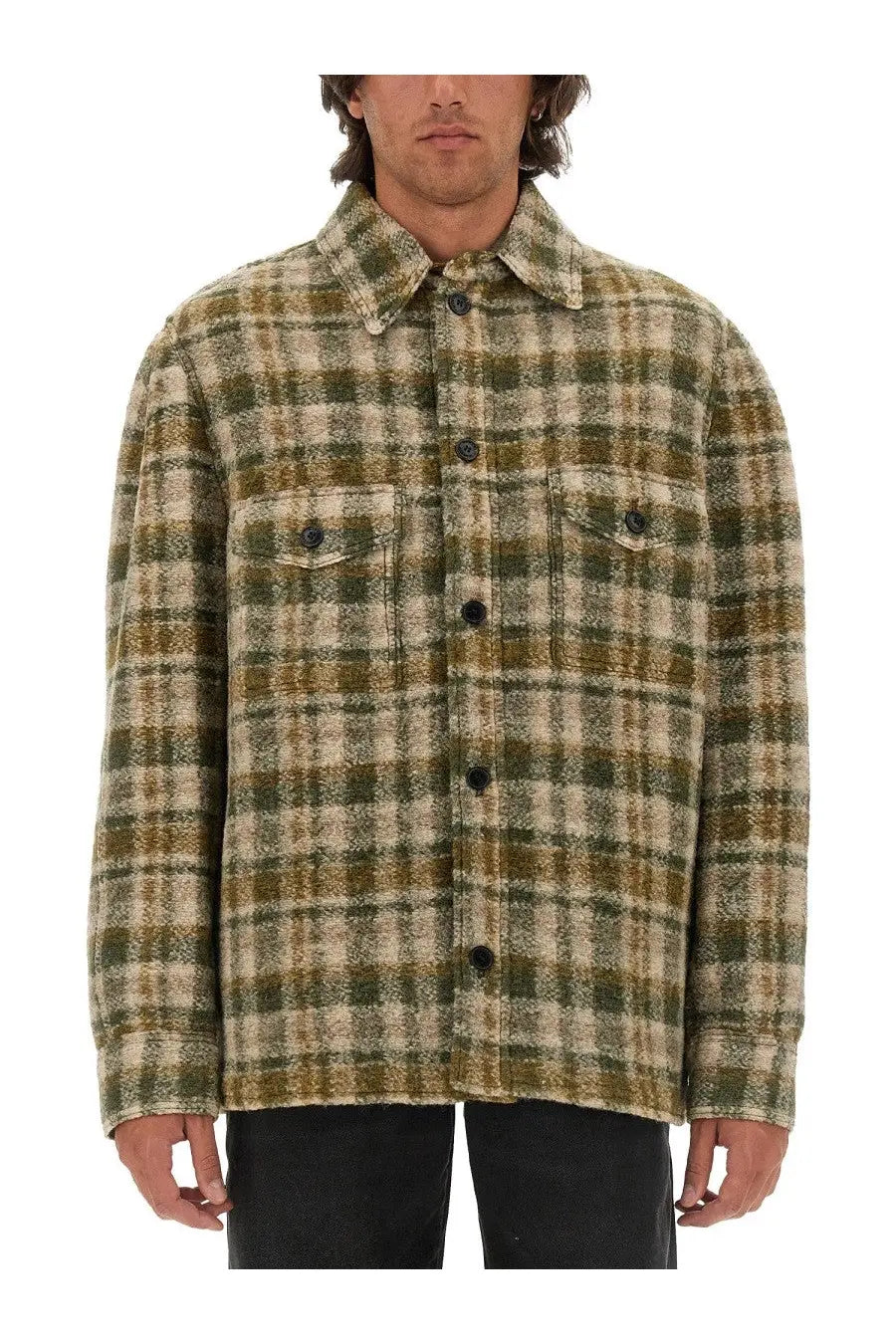 Isabel Marant men’s shirt kervon multicolor wool blend jacket with olive green and beige plaid and black buttons