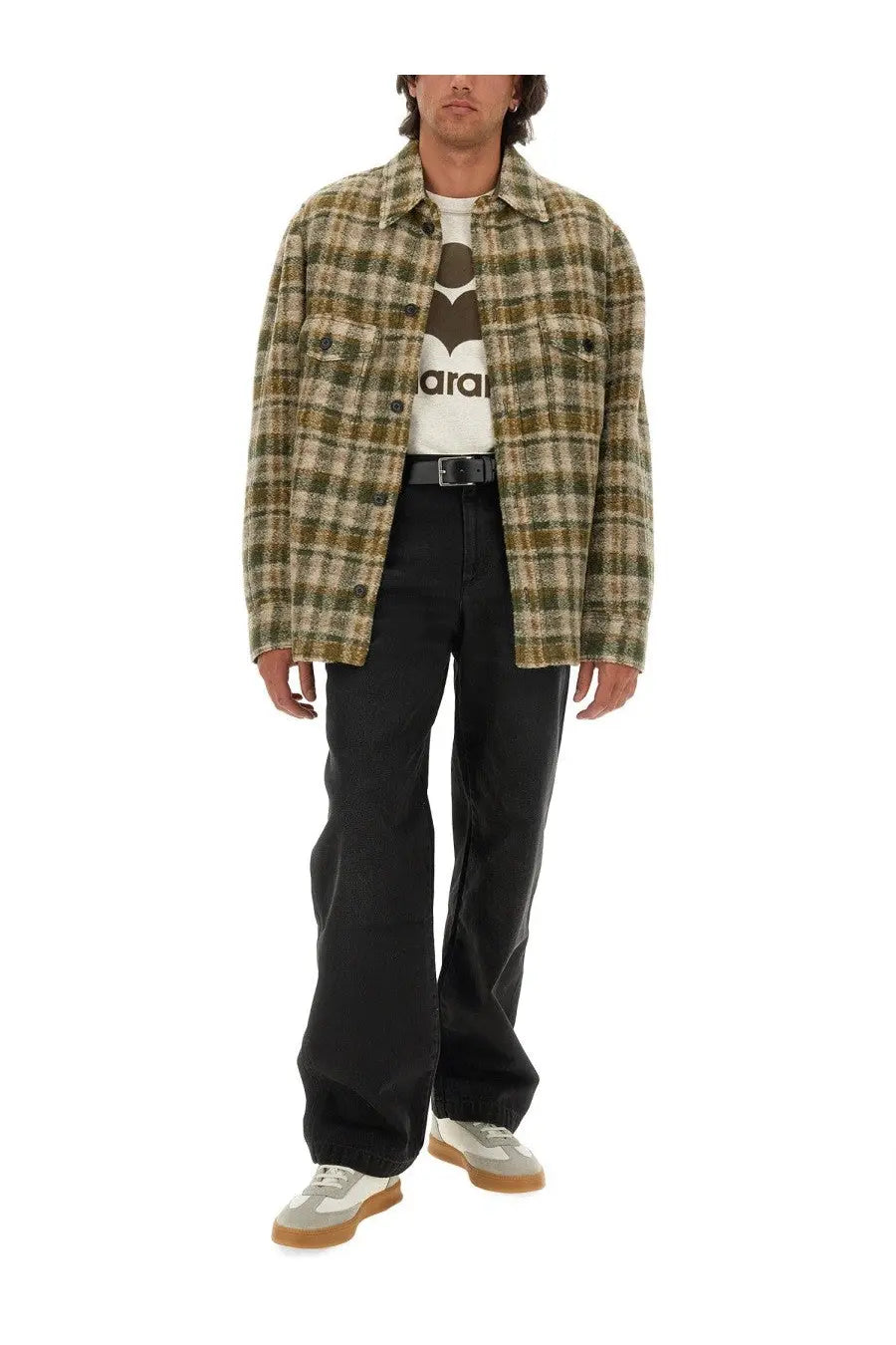 Isabel Marant men’s shirt kervon multicolor olive and beige plaid wool blend jacket with button closures